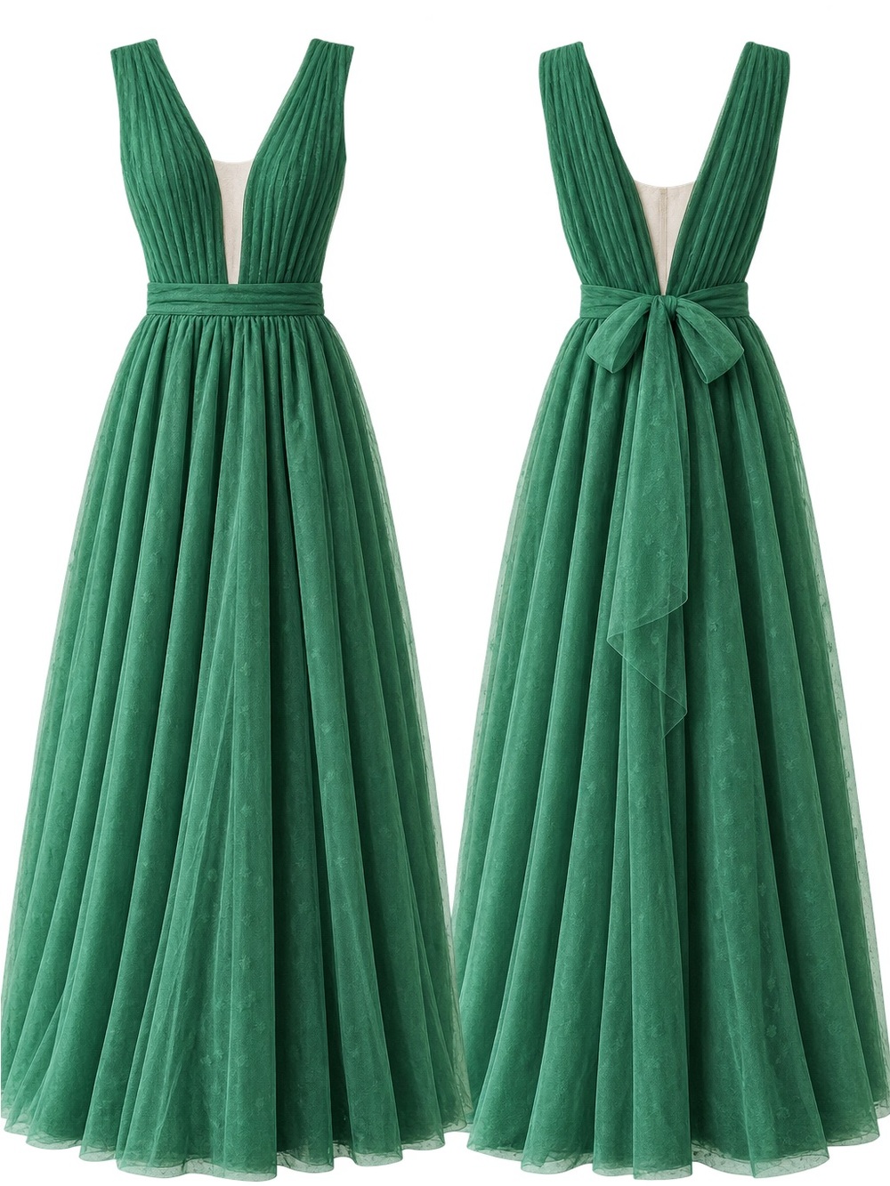 Elegant Deep Green V-Neck Tulle Evening Dress
